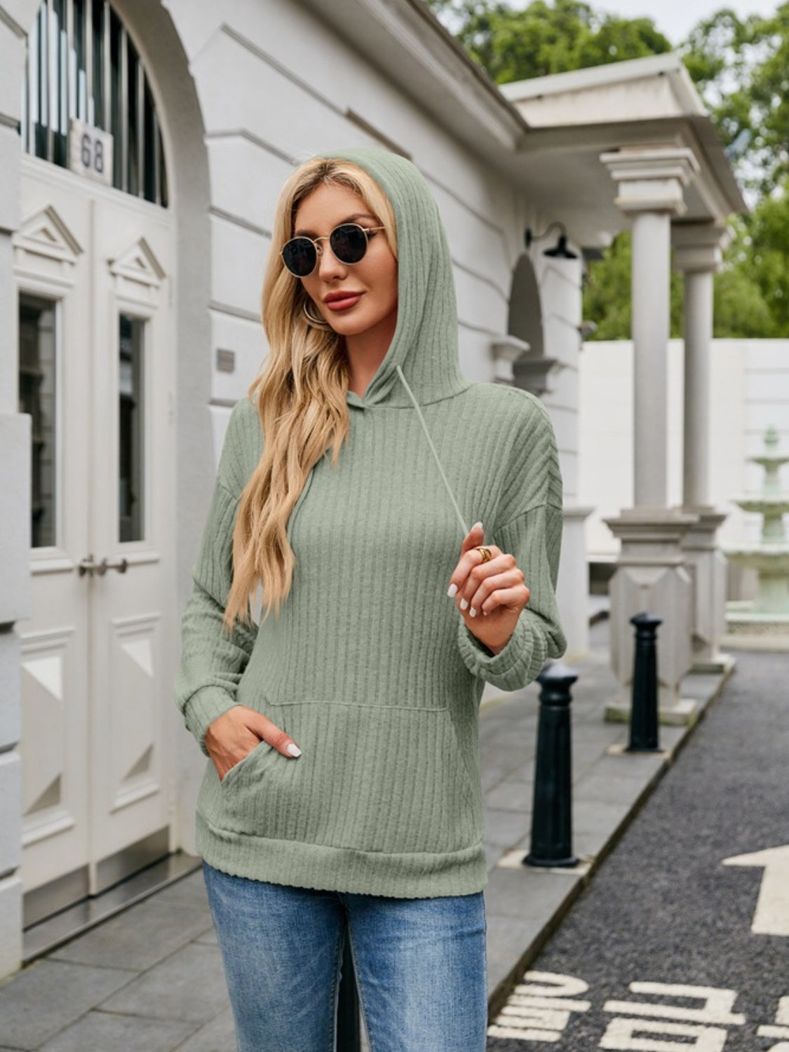 NicholesGifts Women Ribbed Drawstring Long Sleeve Hoodie NicholesGifts
