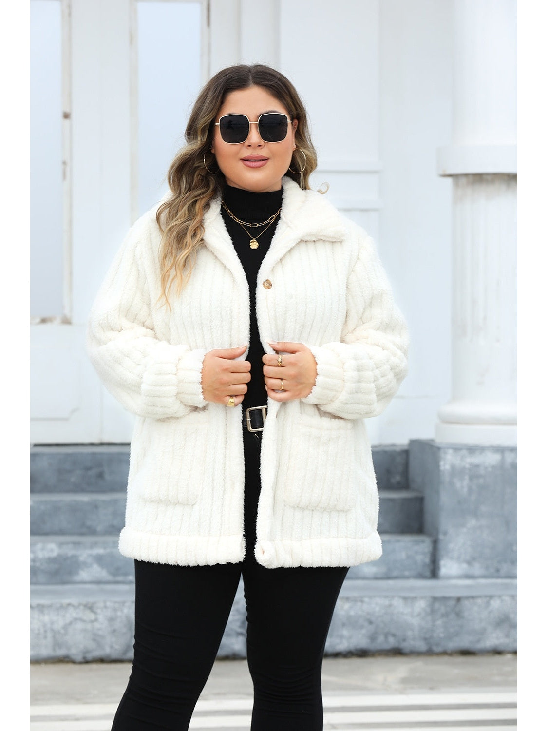 Plus Size Fuzzy Collared Neck Long Sleeve Jacket NicholesGifts