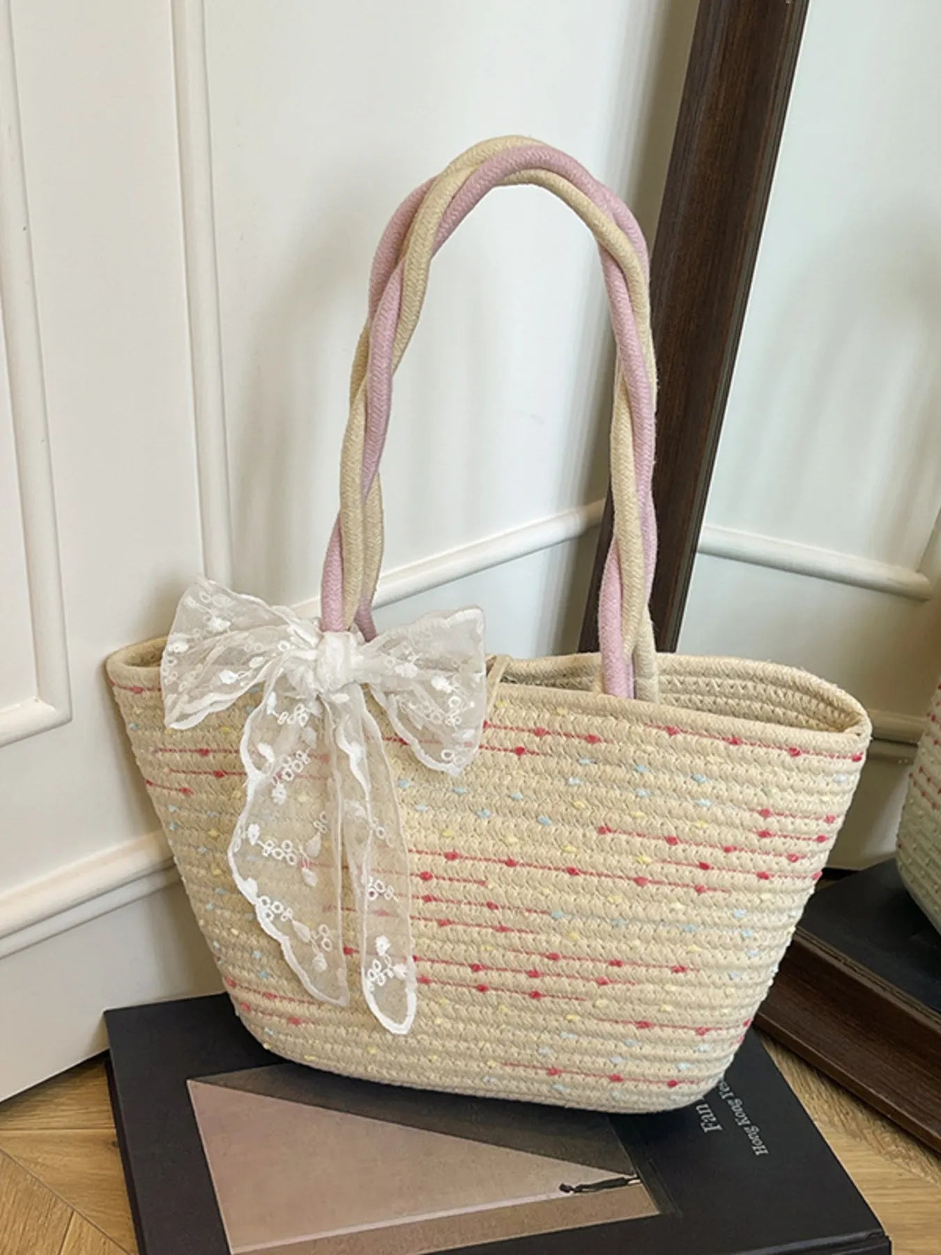 Woven Straw Shoulder Bag with Lace Bow Detail Trendsi