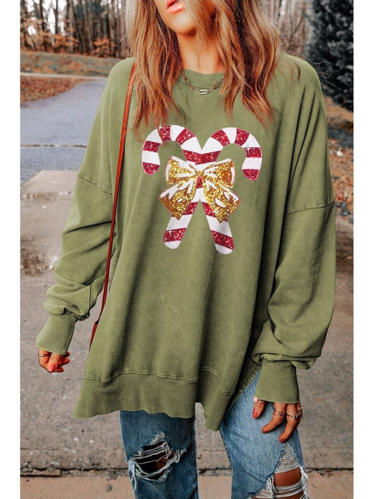 Sequin Candy Cane Round Neck Slit Sweatshirt