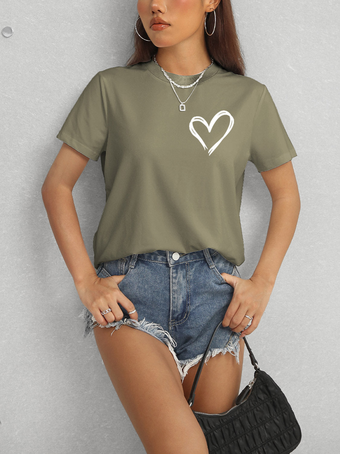 Women Heart Round Neck Short Sleeve T-Shirt