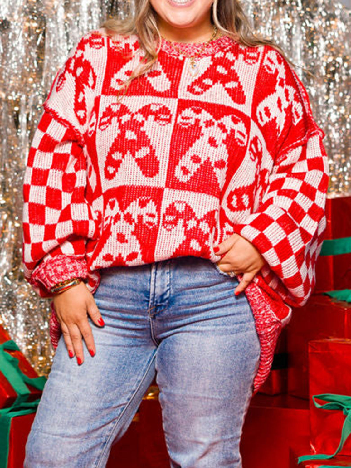 NicholesGifts Women Candy Cane Contrast Round Neck Sweater NicholesGifts
