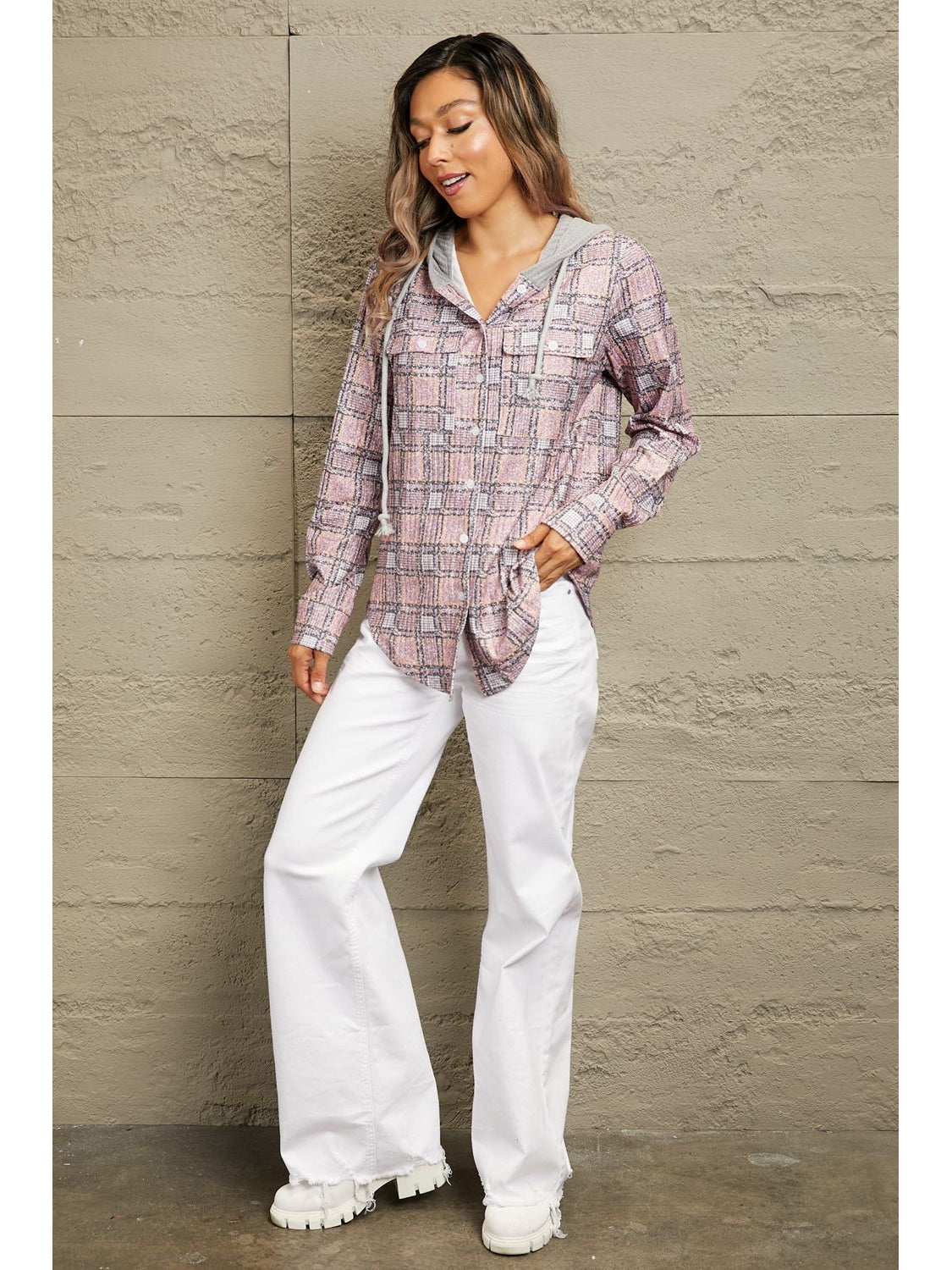 Double Take Plaid Long Sleeve Hooded Jacket NicholesGifts