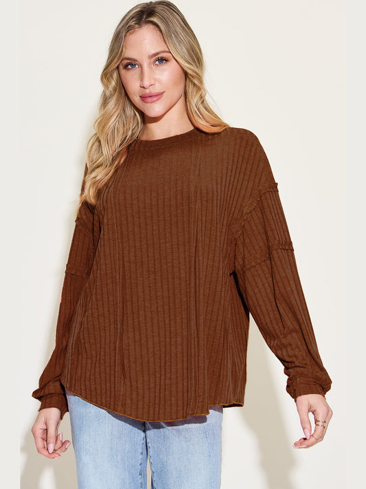 Women Basic Bae Full Size Ribbed Round Neck Long Sleeve T-Shirt NicholesGifts