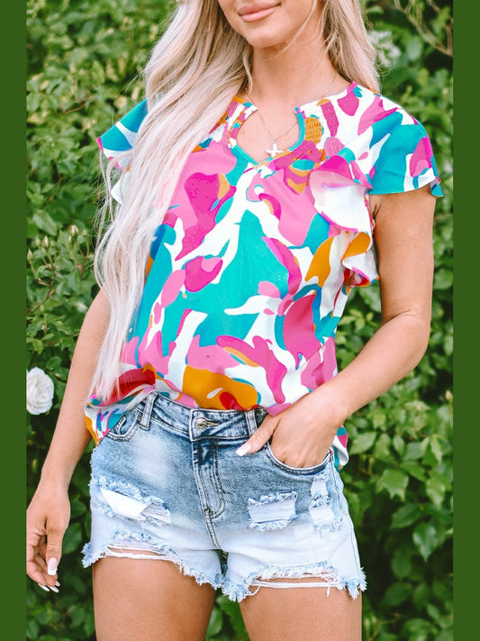 Ruffled Printed Notched Cap Sleeve Blouse