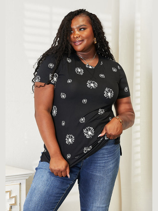 Women Double Take Dandelion Print Round Neck T-Shirt