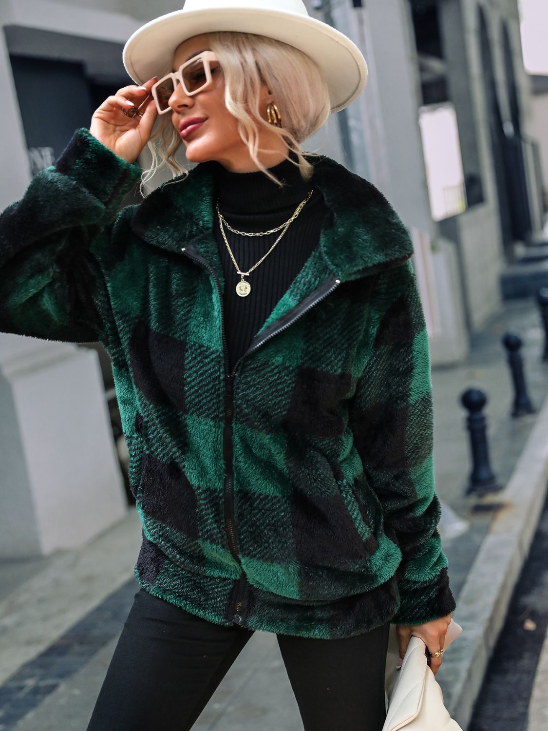 Plaid Zip-Up Collared Jacket NicholesGifts