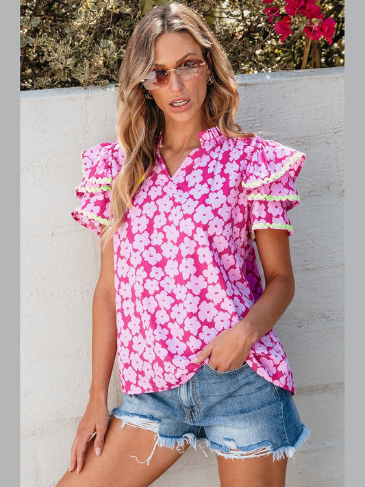 Printed V-Neck Flounce Sleeve Blouse