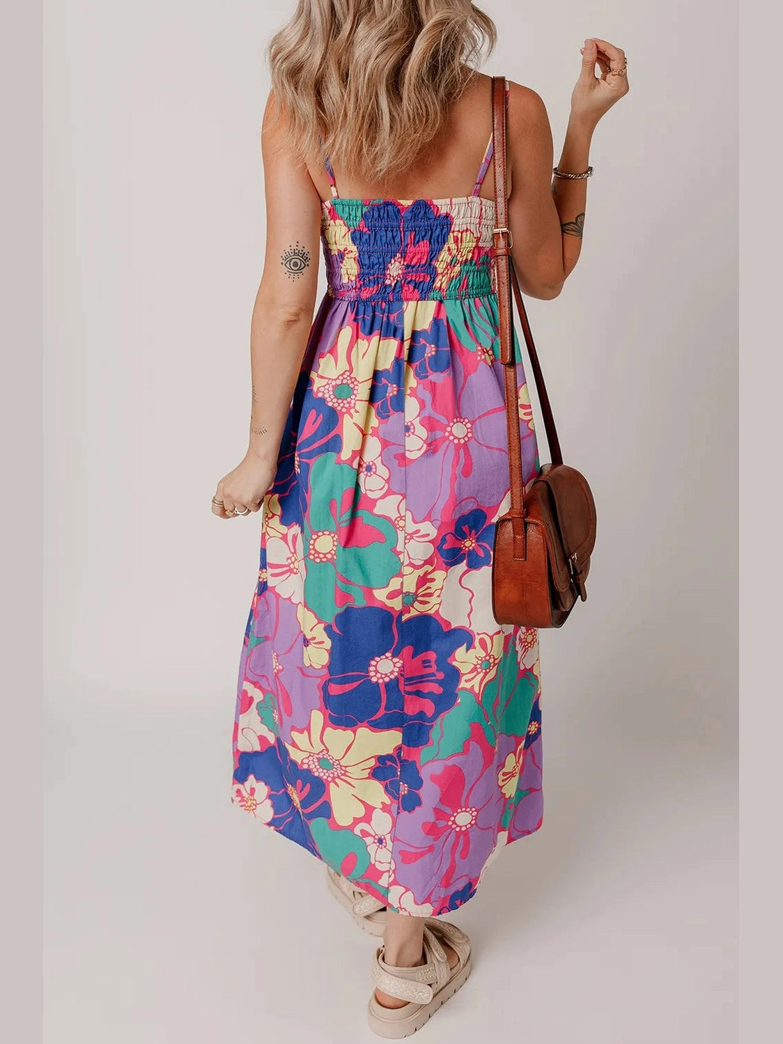Floral Print Shirred Spaghetti Strap Loose Maxi Dress NicholesGifts