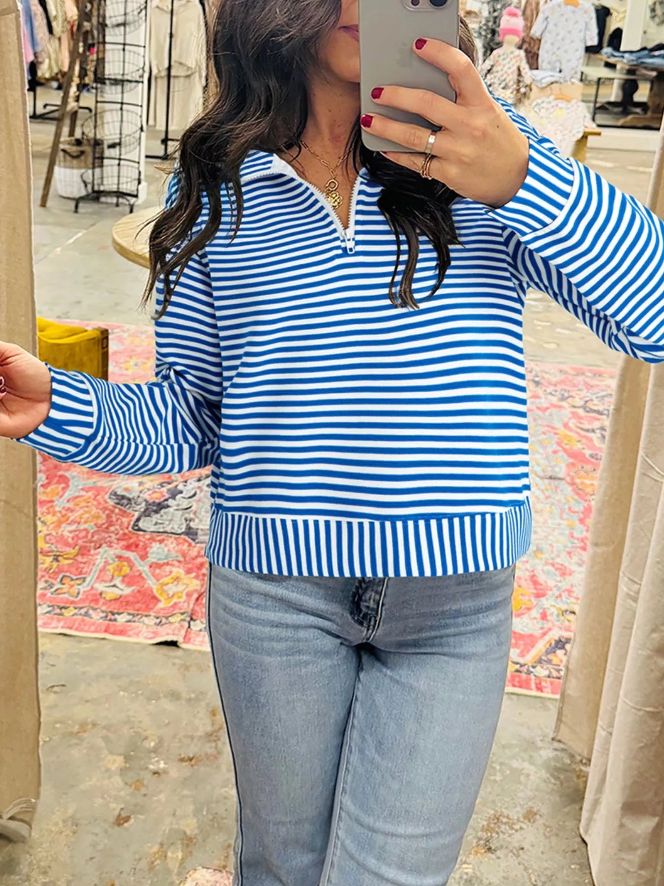 Stripe Quarter Zip Collar Long Sleeve Top Trendsi