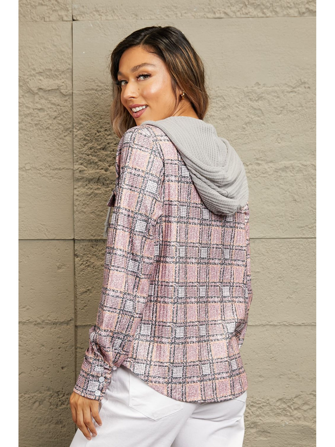 Double Take Plaid Long Sleeve Hooded Jacket NicholesGifts