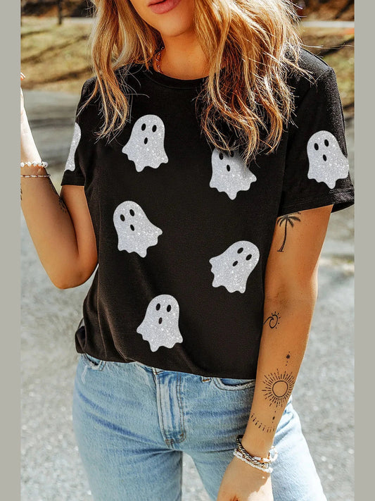 Glitter Ghost Round Neck Short Sleeve T-Shirt