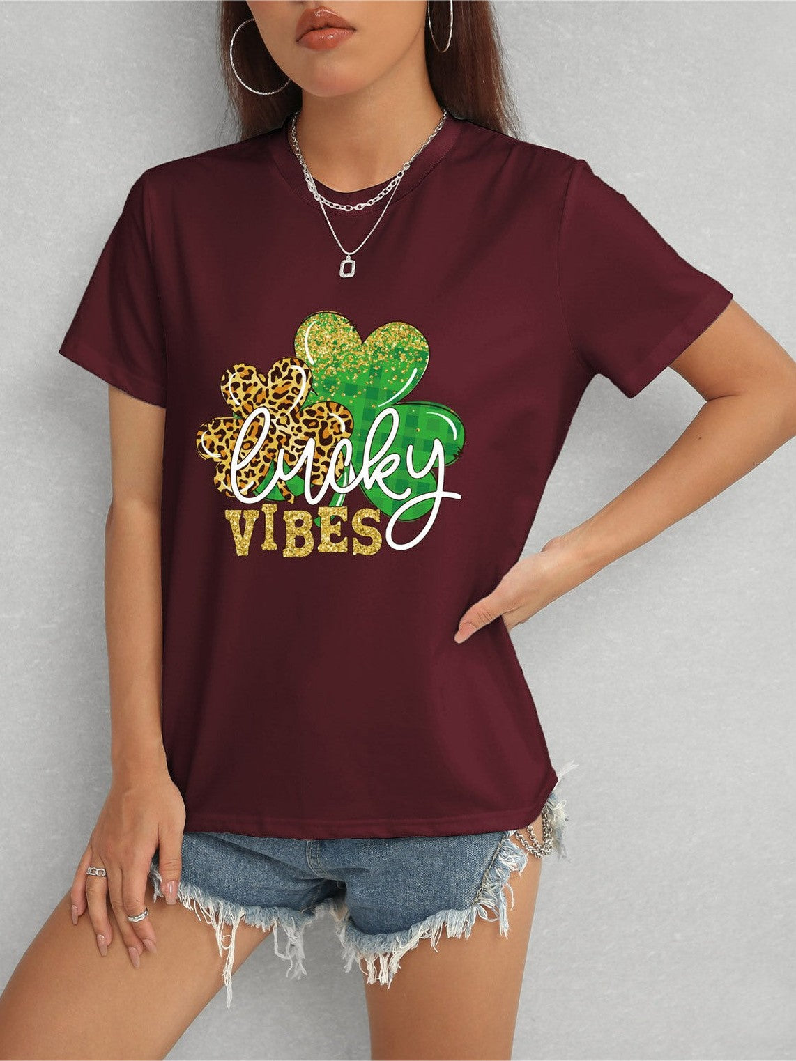 Women LUCKY VIBES Round Neck Short Sleeve T-Shirt
