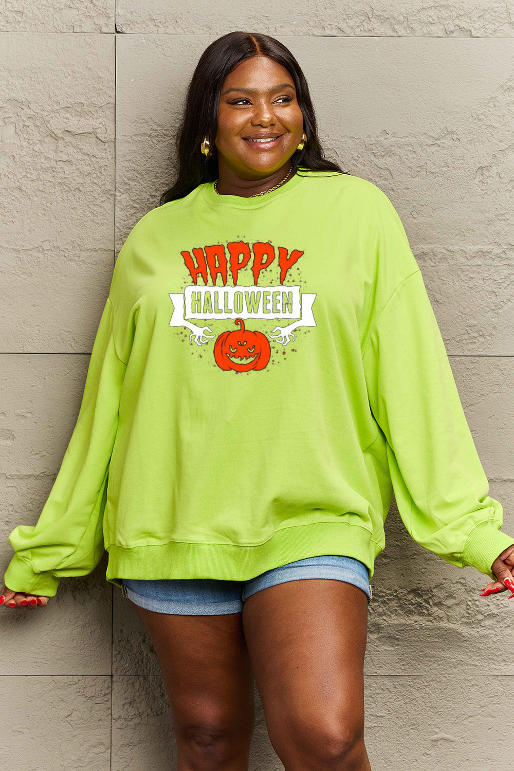 Women Simply Love Full Size Happy HAlloween Graphic Sweatshirt NicholesGifts