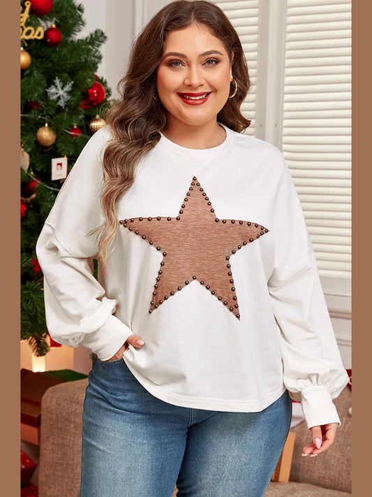 NicholesGifts Women Plus Size Studded Star Round Neck Long Sleeve Blouse NicholesGifts