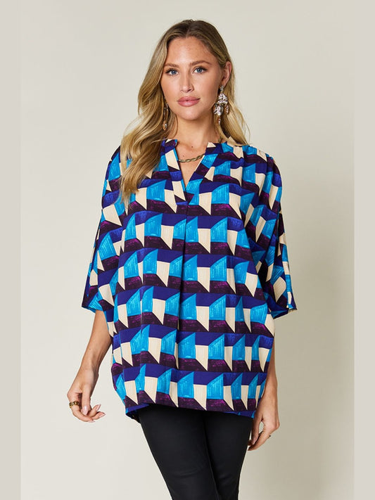 Double Take Full Size Geometric Notched Half Sleeve Blouse