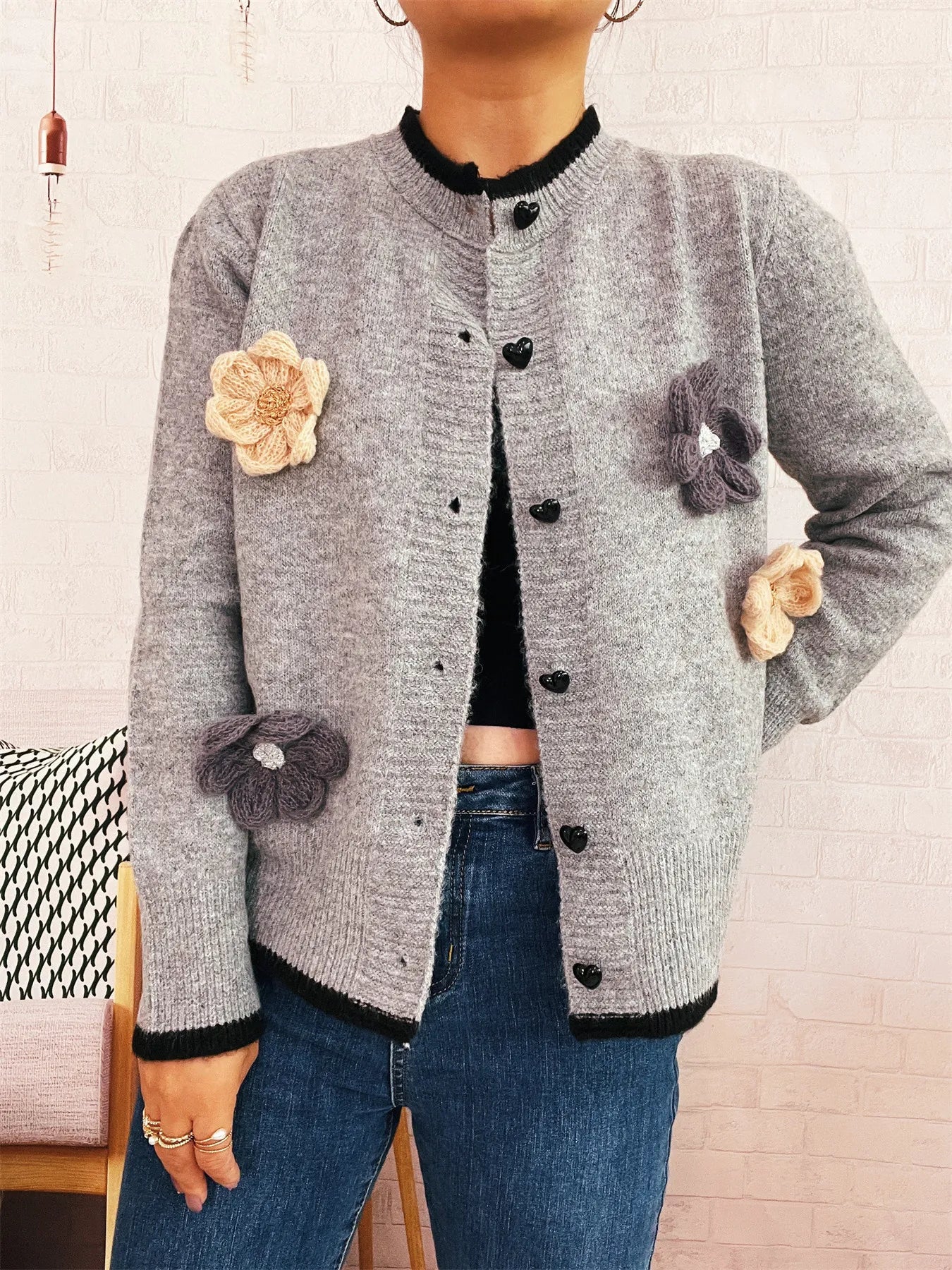 Flower Button Up Long Sleeve Cardigan