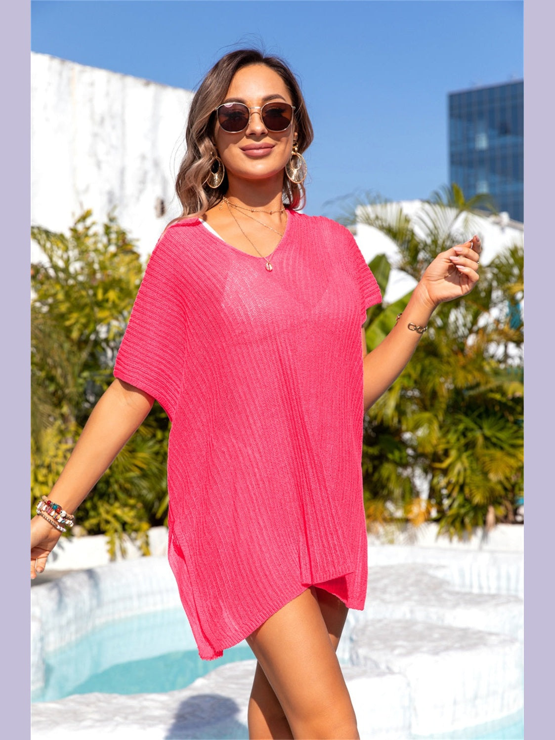 Slit V-Neck Short Sleeve Cover Up