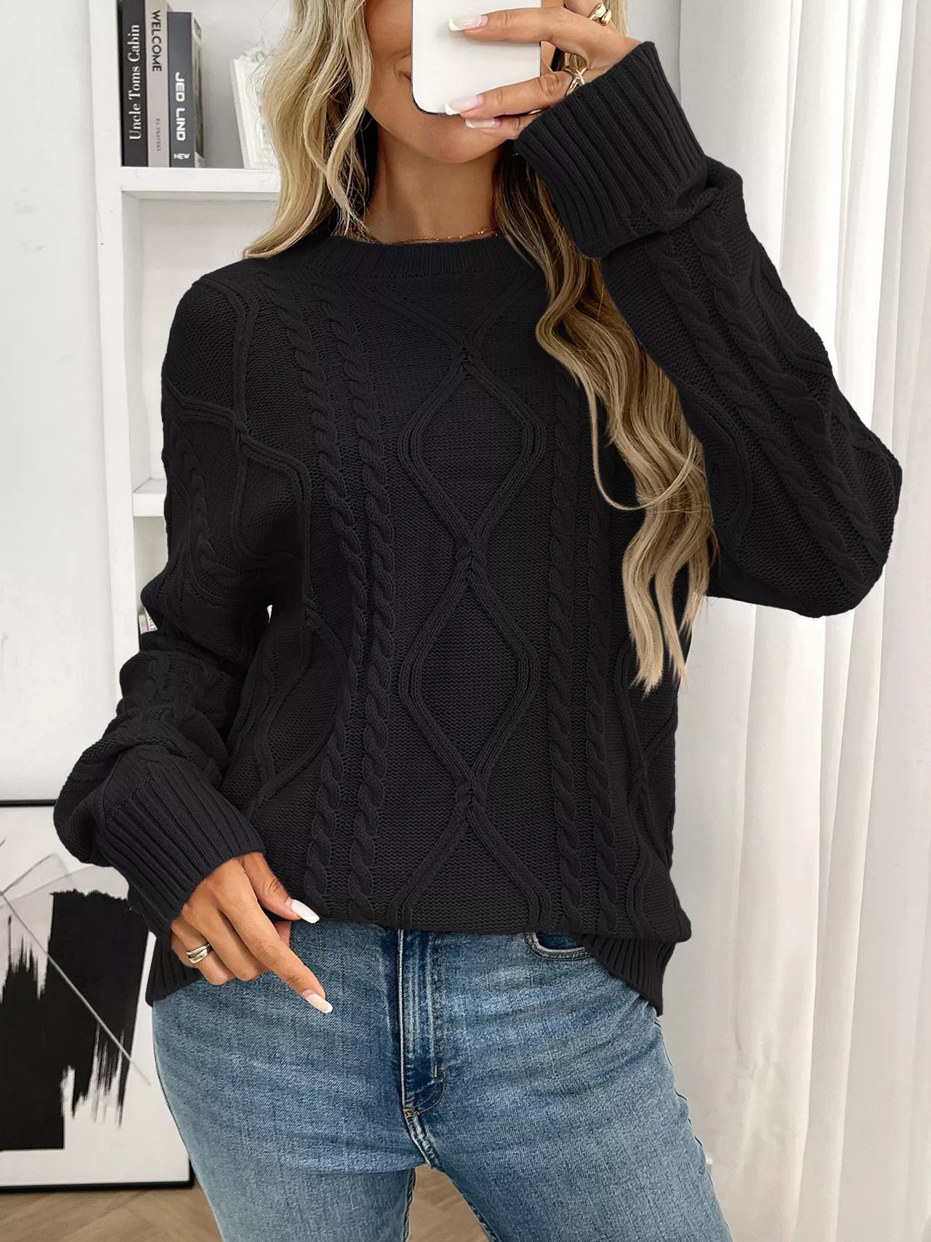 Cable Knit Round Neck Long Sleeve Sweater Trendsi