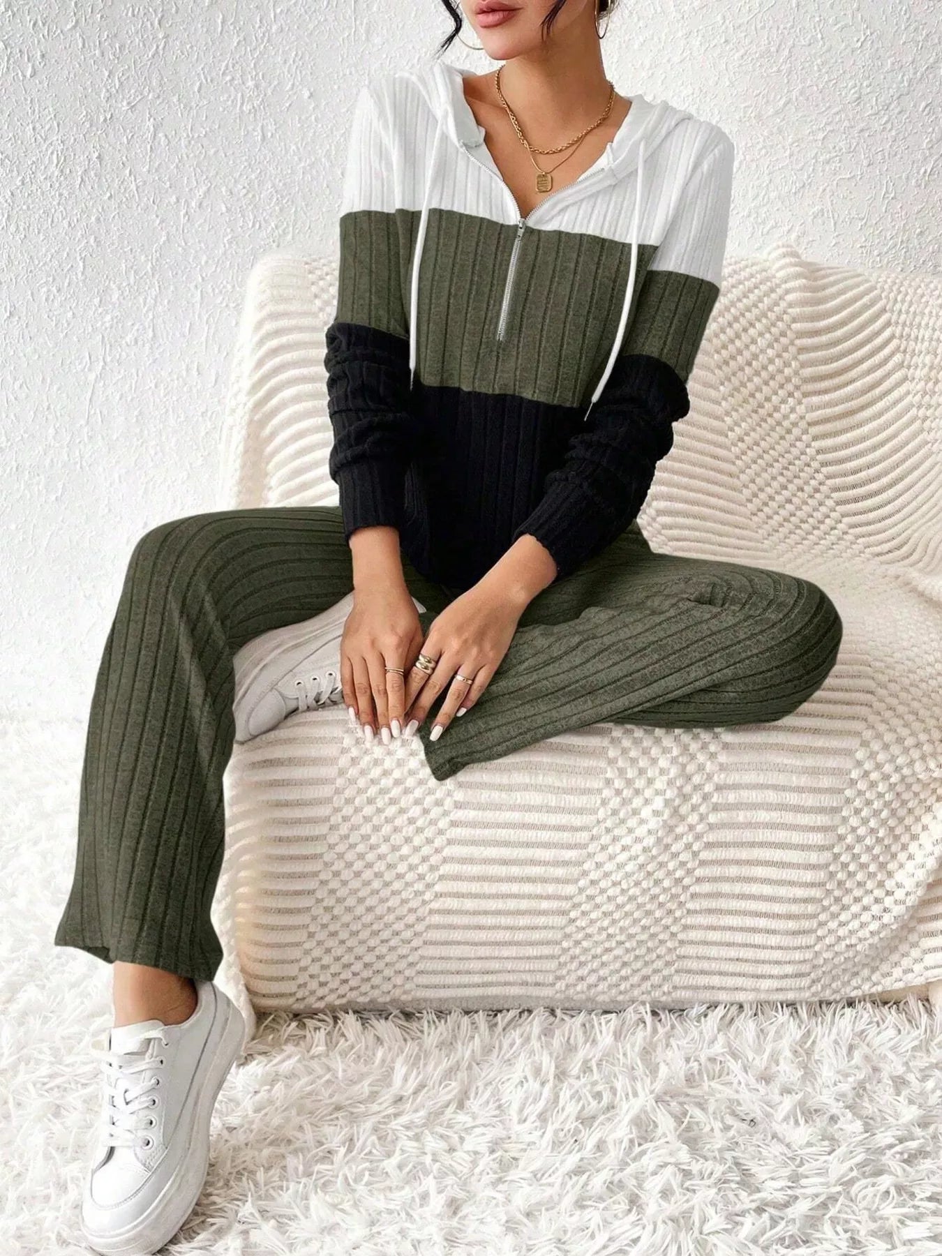 Women Color Block Half Zip Hooded Top and Pants Set NicholesGifts