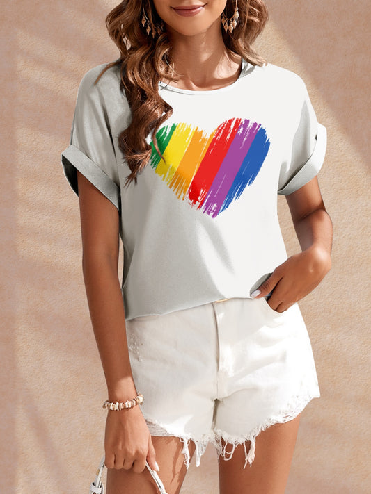 Women Heart Round Neck White Short Sleeve T-Shirt