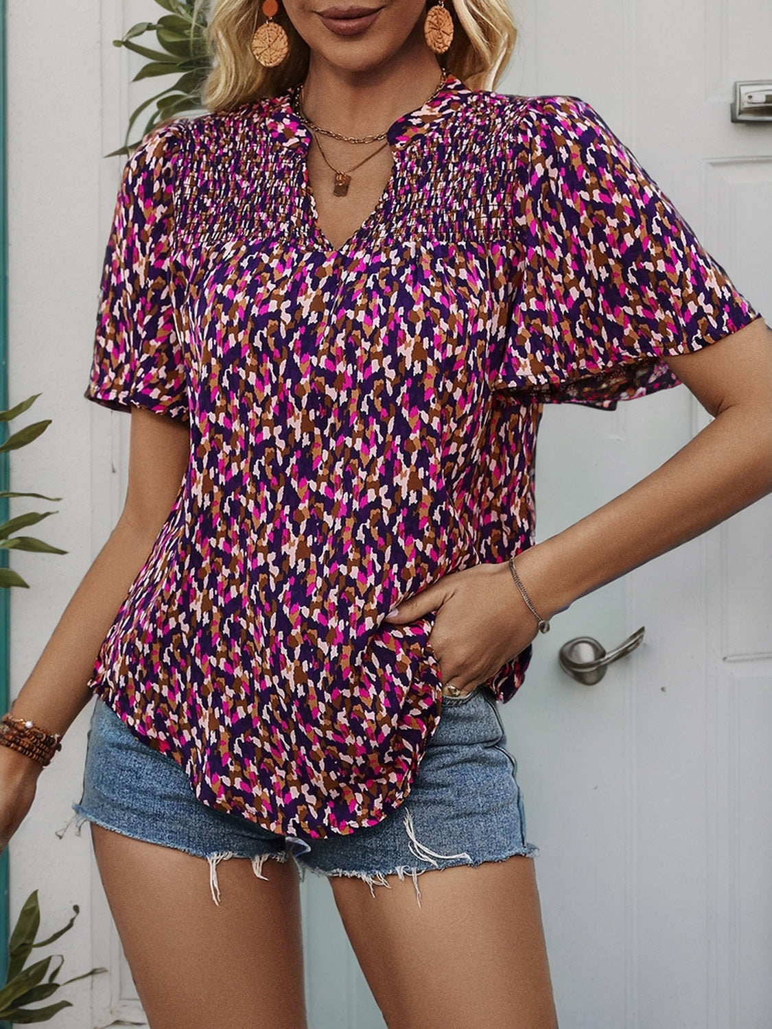 Women Printed Notched Flutter Sleeve Blouse nicholesgifts