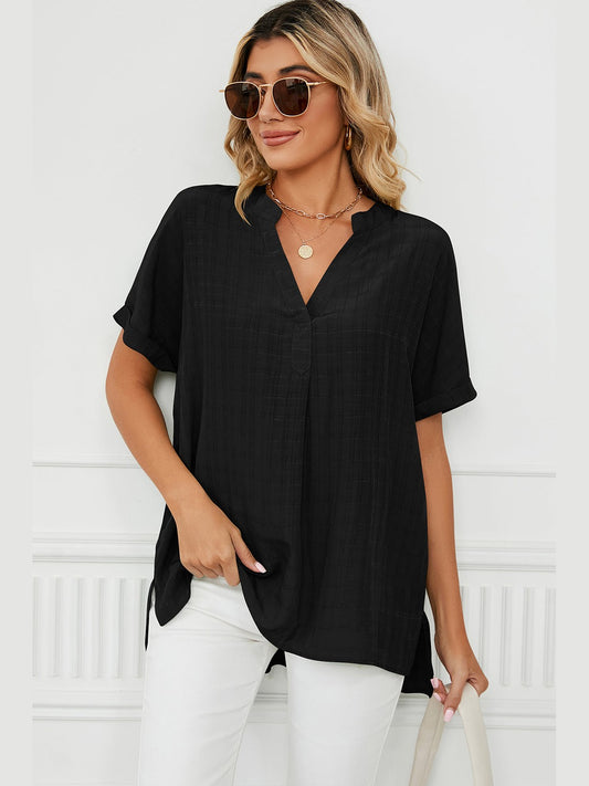 Women Ruched Notched Short Sleeve Blouse