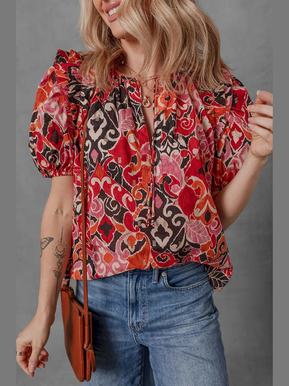 Ethnic Print Split Neck Short Puff Sleeve Blouse NicholesGifts