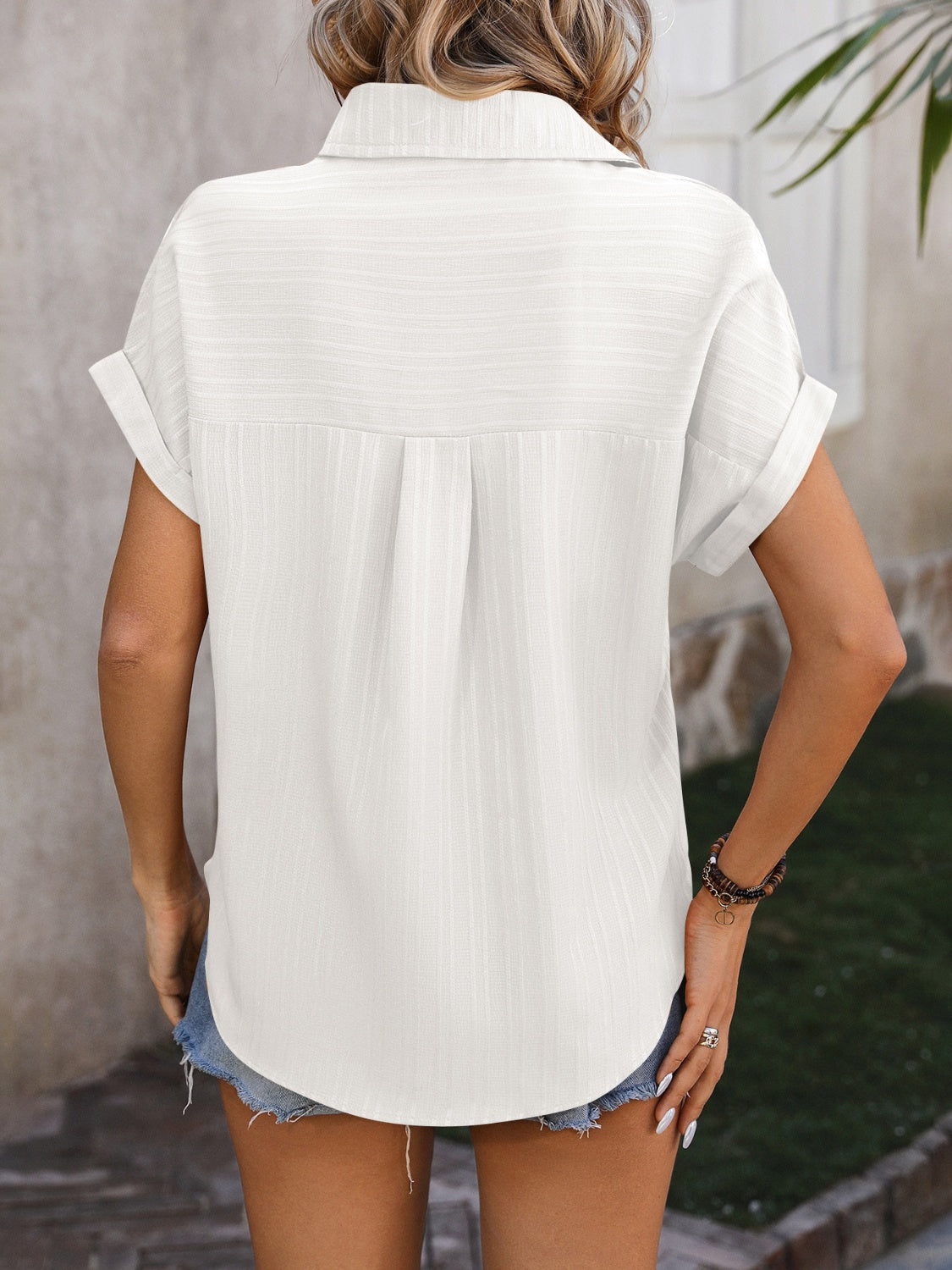 Textured Button Up Cap Sleeve Shirt NicholesGifts