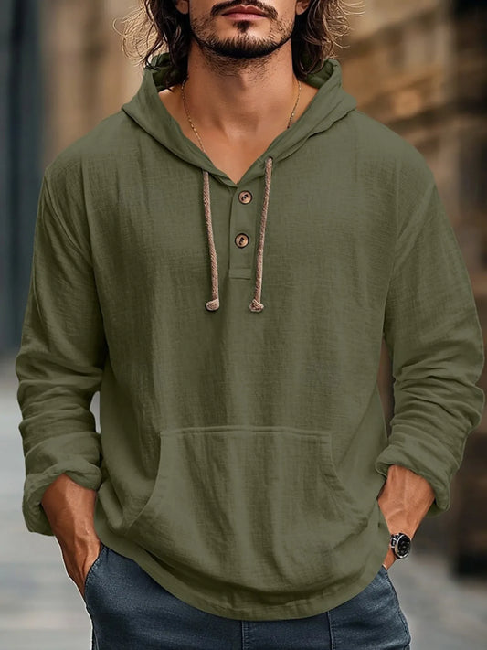 Men's Full Size Drawstring Long Sleeve Hoodie with Button Details Plus Size NicholesGifts