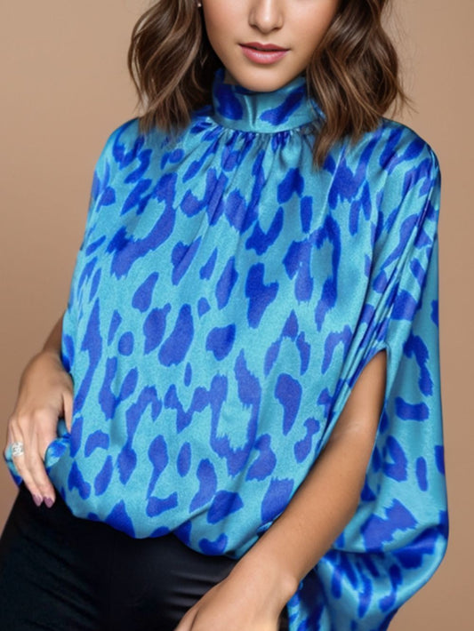 Women Printed Turtleneck Half Sleeve Blue Color Blouse NicholesGifts