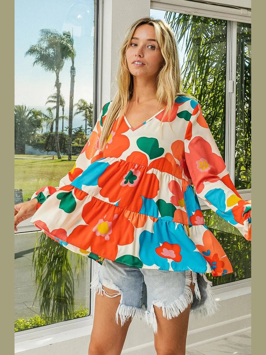 BiBi Floral Woven Tiered V Neck Top