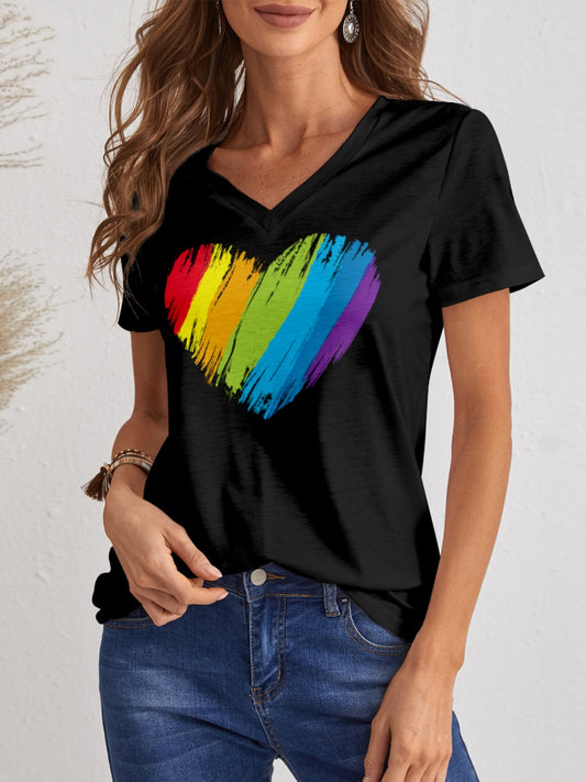 Women Heart V-Neck Dropped Shoulder Short Sleeve Black T-Shirt NicholesGifts