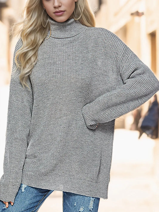 Turtleneck Drop Shoulder Long Sleeve Sweater nicholesgifts