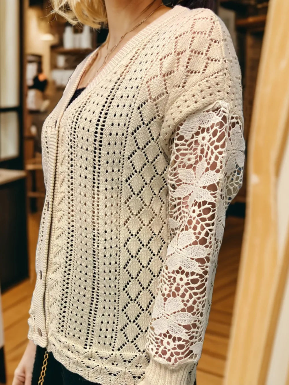 Eyelet Button Up Lantern Sleeve Cardigan nicholesgifts