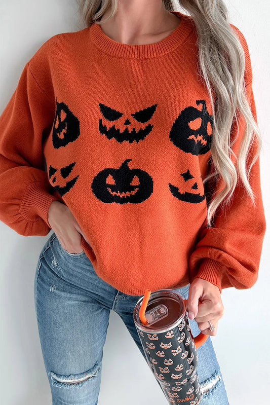 Pumpkin Pattern Round Neck Sweater NicholesGifts