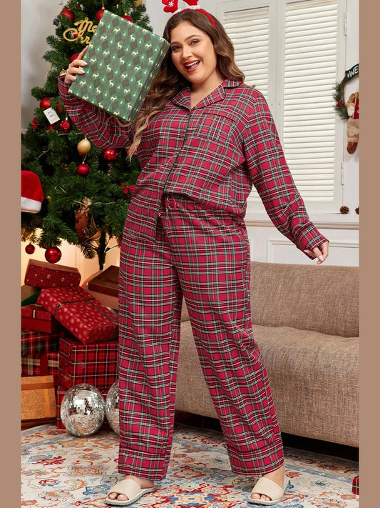 Plus Size Plaid Collared Neck Top and Pants Lounge Set nicholesgifts