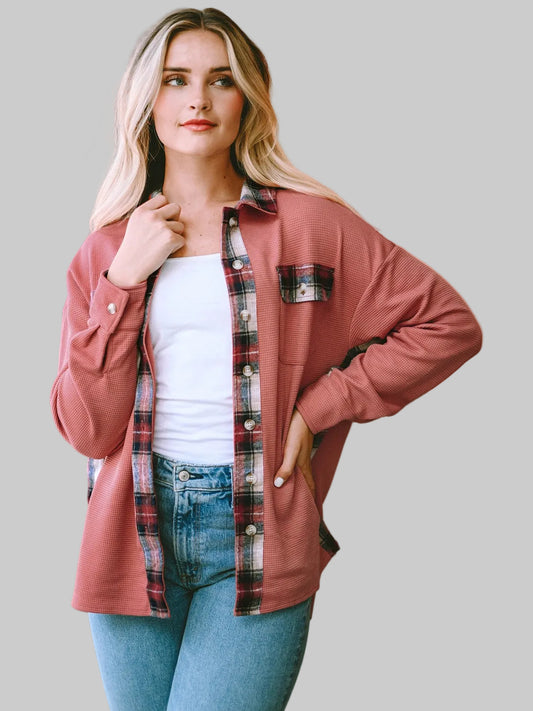 Plaid Button Down Collared Jacket nicholesgifts