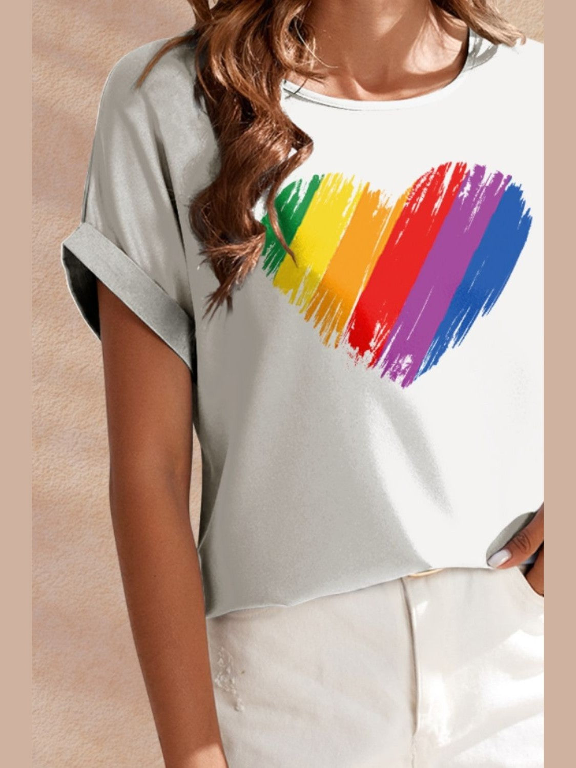 Women Heart Round Neck White Short Sleeve T-Shirt