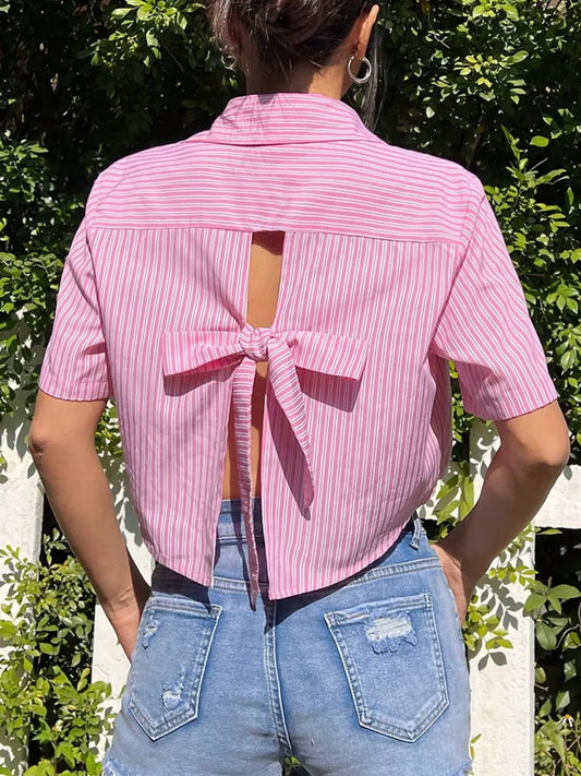 Bow Back Striped Short Sleeve Shirt Trendsi
