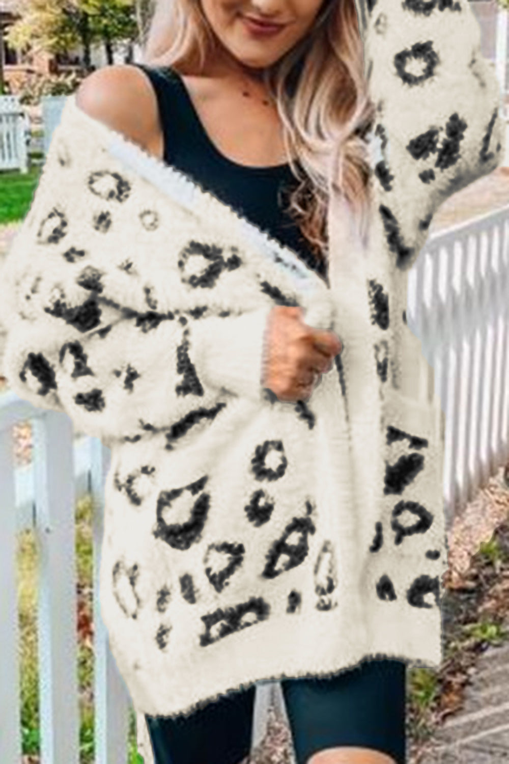Women Leopard Open Front Cardigan with Pockets