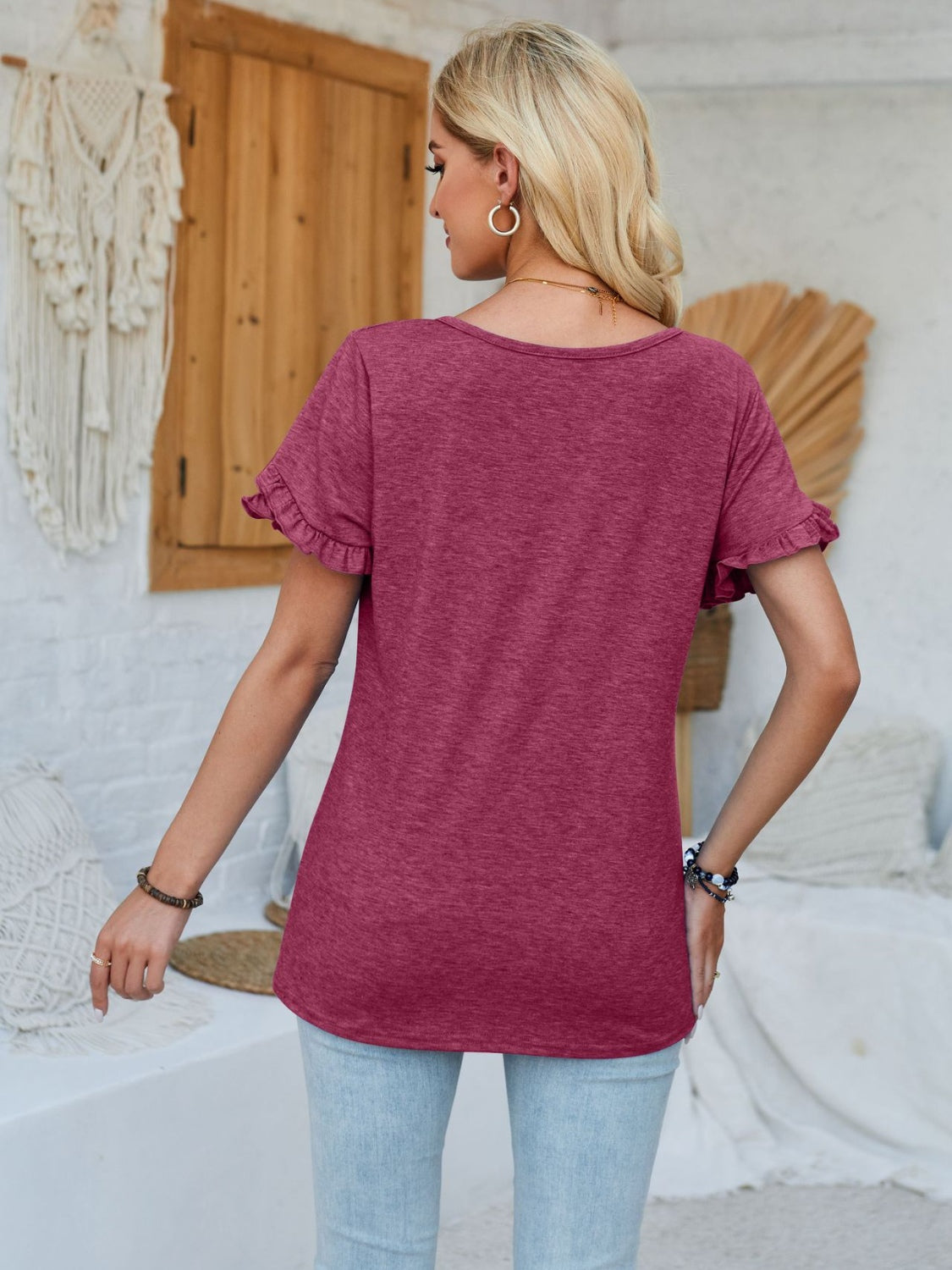 Frill Round Neck Petal Sleeve Blouse NicholesGifts