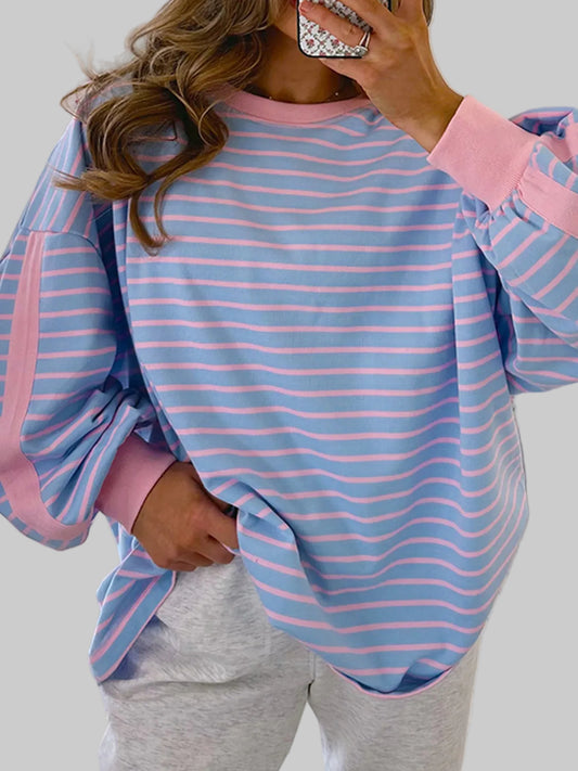 Women Stripe Oversize Contrast Trim Drop Shoulder Sweatshirt nicholesgifts