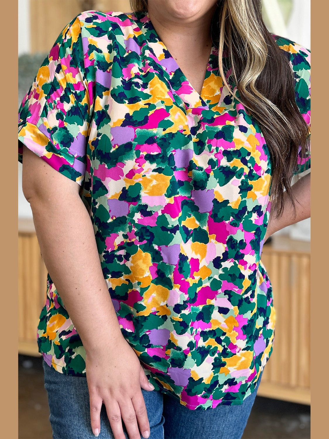 Double Take Full Size Printed V-Neck Short Sleeve Side Slit Top