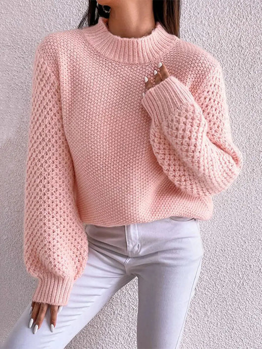 Openwork Mock Neck Long Sleeve Sweater Trendsi