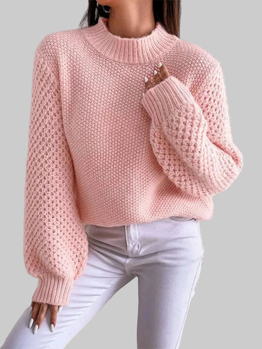 Women Openwork Mock Neck Long Sleeve Sweater nicholesgifts