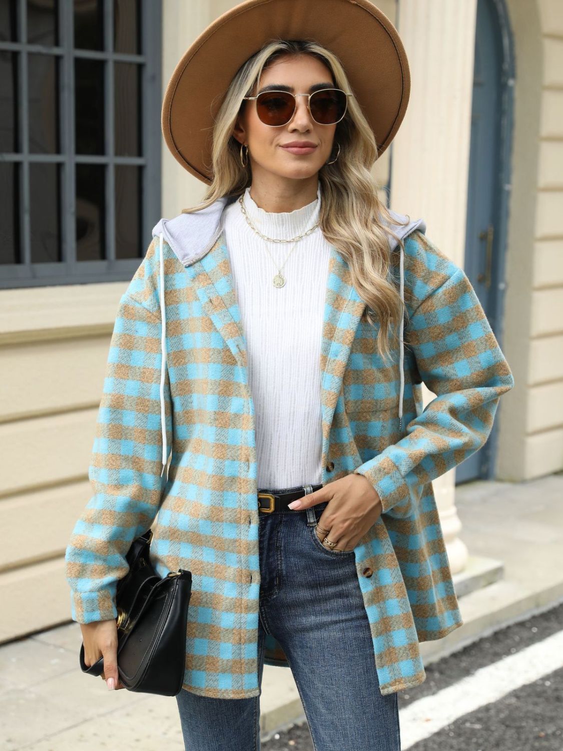 NicholesGifts Women Drawstring Plaid Long Sleeve Hooded Jacket NicholesGifts