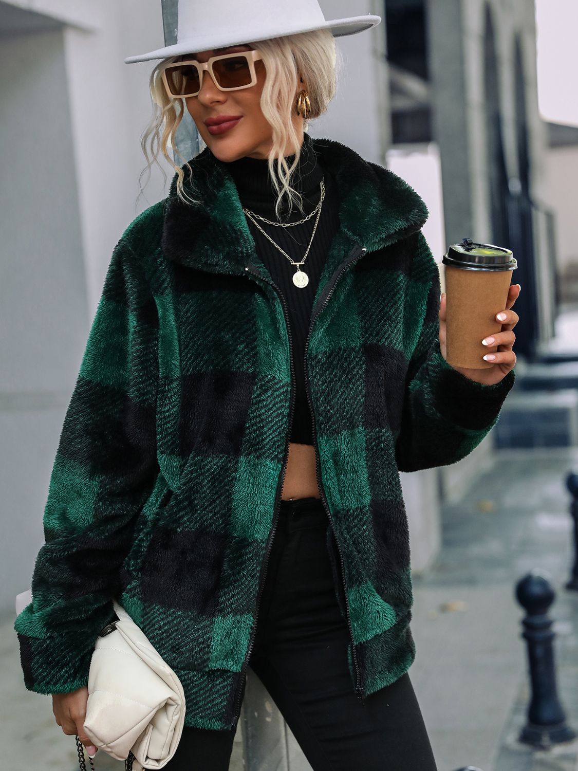 Plaid Zip-Up Collared Jacket NicholesGifts