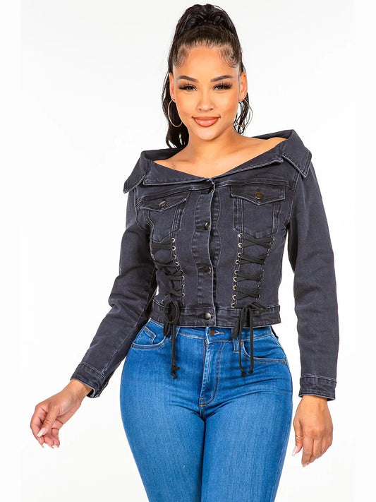 American Bazi Off Shoulder Lace Up Denim Jacket