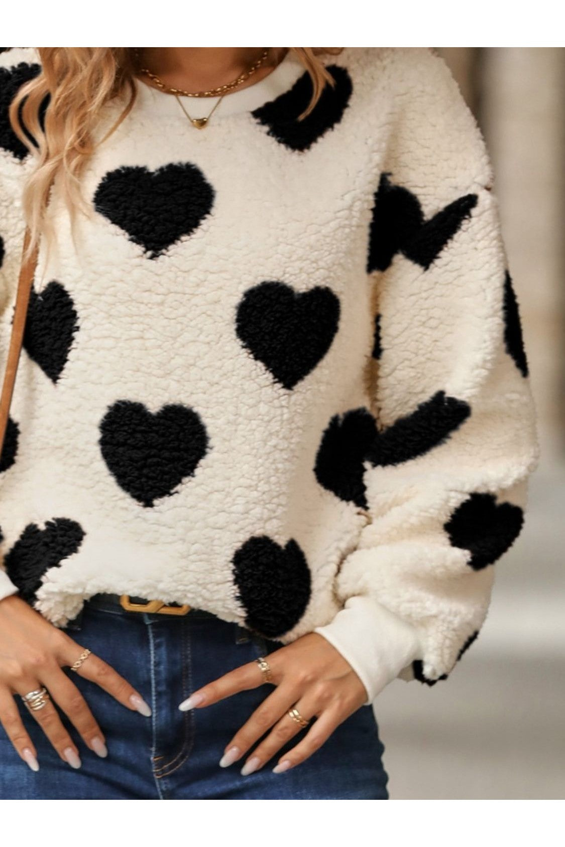 NicholesGifts Women Fuzzy Heart Dropped Shoulder Sweatshirt NicholesGifts